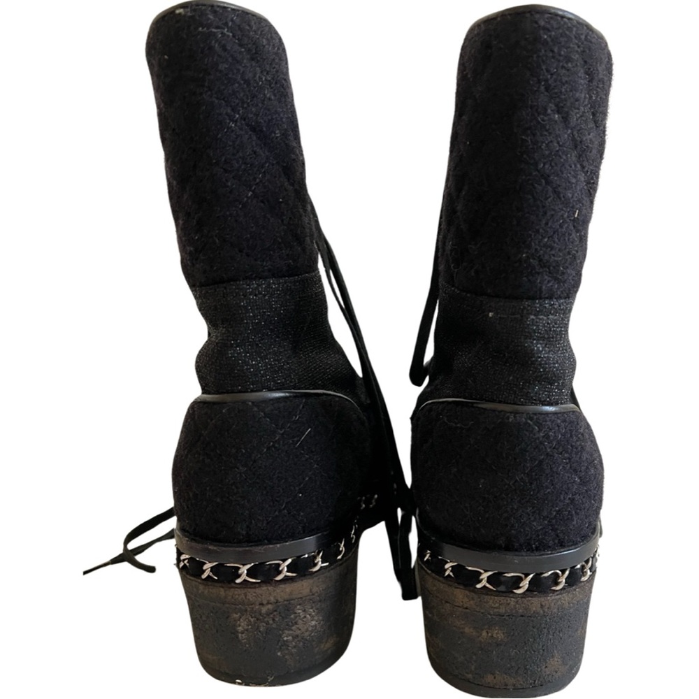 Chanel black wool tweed combat boots chain detail with certificate of authentic - Picture 9 of 16